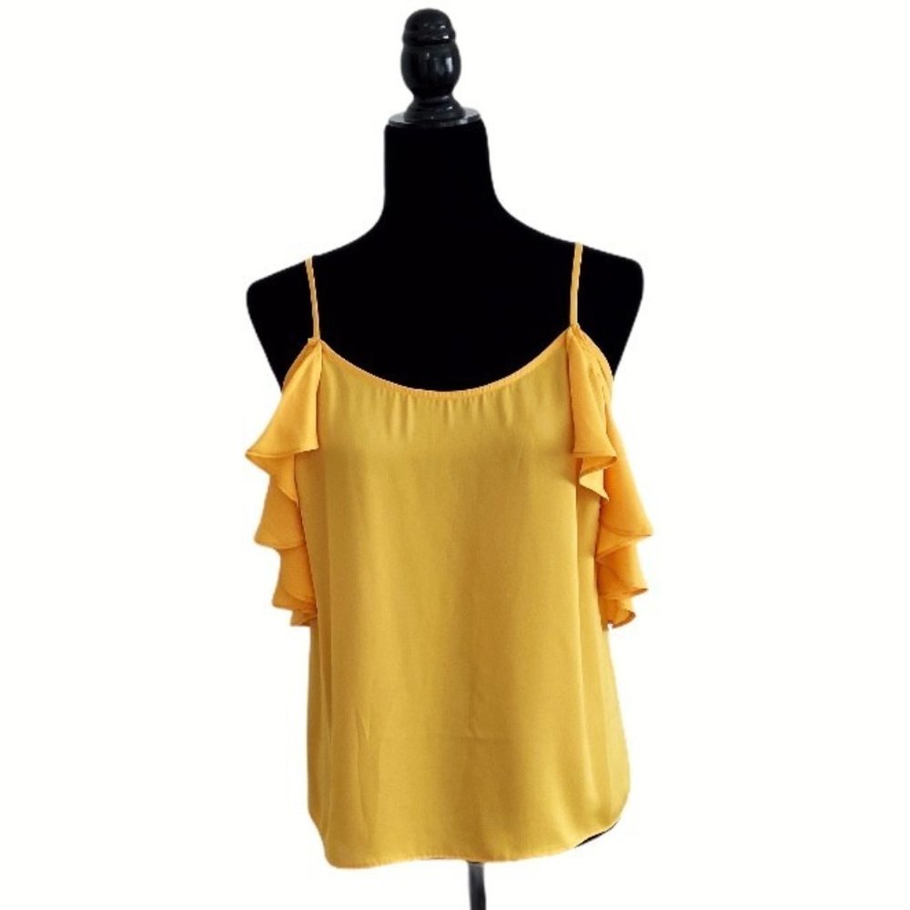 L'Academie X Revolve Marigold Yellow Off-Shoulder Ruffle Satin Cami Top M